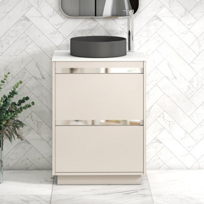 Royal Bathrooms Orion 600mm Warm Taupe Floor Standing Plain White Countertop Vanity Unit 2 Drawer With Art Round Basin & Chrome Accent Trim - image 1