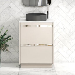 Royal Bathrooms Orion 600mm Warm Taupe Floor Standing Plain White Countertop Vanity Unit 2 Drawer With Art Round Basin & Chrome Accent Trim