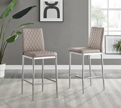 Furniturebox Milan Cappuccino Beige Diamond-Stiched Faux Leather Silver Leg Padded Bar Stools (Set Of 2) - image 1