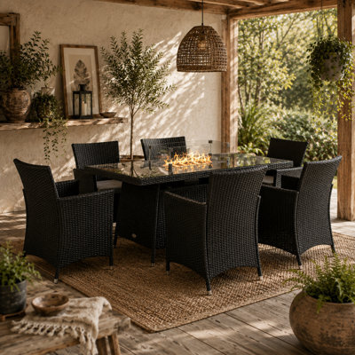 Wyld Haus Lemadi Black Grey 6-Seater Rattan Outdoor Dining Set With 50,000 Btu Fire Pit Table - image 1