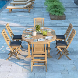 Eterna Bruges Teak Garden Outdoor Dining Table & 6 Seat Chair Set - With Black Cushions - thumbnail 2