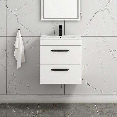 Royal Bathrooms Turin Gloss White 500mm Wall Hung Vanity Unit 2 Drawer With Minimalist Basin Sink & Matt Black Handles - image 1