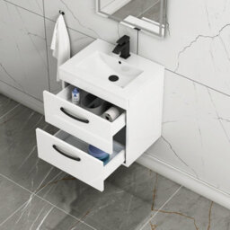 Royal Bathrooms Turin Gloss White 500mm Wall Hung Vanity Unit 2 Drawer With Minimalist Basin Sink & Matt Black Handles - thumbnail 5