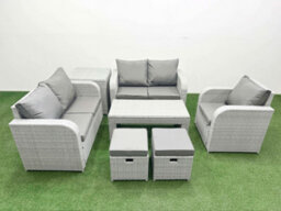 Fimous High Back Poly Rattan Garden Furniture Set Reclining Chair Loveseat Sofa Oblong Coffee Table Set 2 Stool Side Table - thumbnail 2