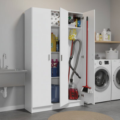 Amos Mann Furniture Tall White 3 Door Utility Universal Storage Cupboard With Doors - image 1