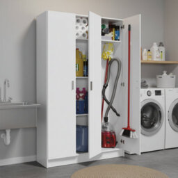 Amos Mann Furniture Tall White 3 Door Utility Universal Storage Cupboard With Doors - thumbnail 1