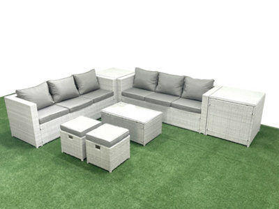 Fimous Garden Outdoor Pe Rattan Furniture Set 8 Seater Rattan Garden Sofa Set 2 Small Stool 2 Side Tables Light Grey - image 1