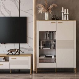 Heze Furniture Ruben 2 Door Diplsay Cabinet - Cashmere / Stone Oak