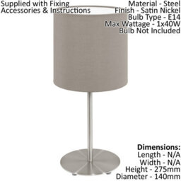 Elegant Satin Nickel Table Lamp Set With Taupe Fabric Shade - 2 Pack - thumbnail 2