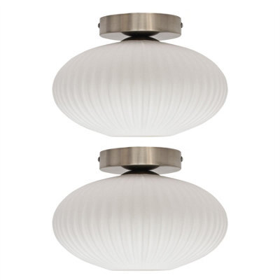 First Choice Lighting Set Of 2 Baton - White Ribbed Oval Glass Satin Nickel Ceiling Lights
