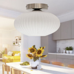 First Choice Lighting Set Of 2 Baton - White Ribbed Oval Glass Satin Nickel Ceiling Lights - thumbnail 5