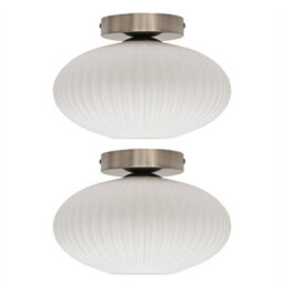 First Choice Lighting Set Of 2 Baton - White Ribbed Oval Glass Satin Nickel Ceiling Lights - thumbnail 1