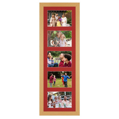 AK Frames 26X8 Country Pine Modern Multi Photo Frame With Crimson Mount - Holds 5 Apertures (5X) 6X4 Photos - image 1