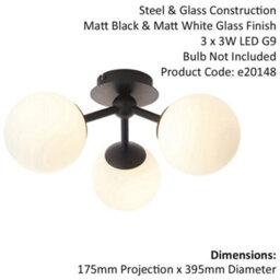 Semi Flush Multi Arm Bathroom Ceiling Light - Matt Black & White Glass - 3 Lamp - thumbnail 2
