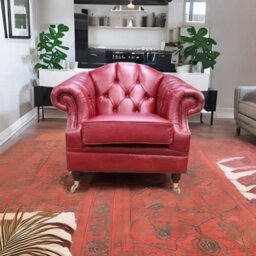 Chesterfield Handmade Armchair Old English Gamay Red Leather In Victoria Style - thumbnail 4
