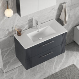 Balterley Belvide Partial Fluted 2 Drawer Wall Hung Vanity Unit With 1 Tap Hole Minimalist Basin - 800mm - Satin Soft Black - thumbnail 3
