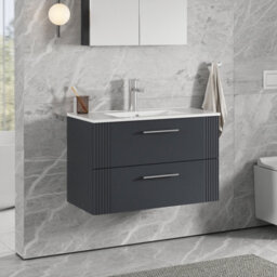 Balterley Belvide Partial Fluted 2 Drawer Wall Hung Vanity Unit With 1 Tap Hole Minimalist Basin - 800mm - Satin Soft Black - thumbnail 6