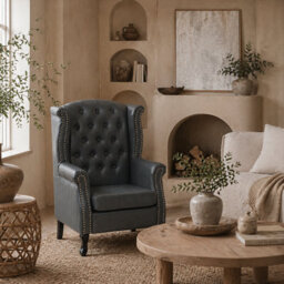 Wyld Haus Radima Grey Faux Leather Chesterfield Wingback Accent Armchair With Nailhead Trim 72W X 70D X 108H Cm - thumbnail 1