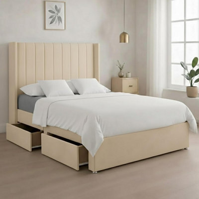 Luxury Cream Plush Milan Single Bed Frame With Mattress 54 Inches Wingback Headboard 2 Footend Storage Drawers - image 1