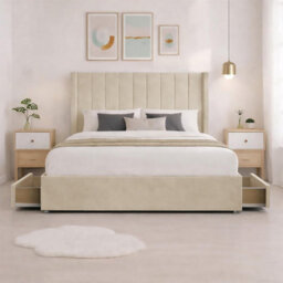 Luxury Cream Plush Milan Single Bed Frame With Mattress 54 Inches Wingback Headboard 2 Footend Storage Drawers - thumbnail 2