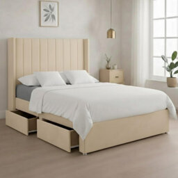 Luxury Cream Plush Milan Single Bed Frame With Mattress 54 Inches Wingback Headboard 2 Footend Storage Drawers - thumbnail 1