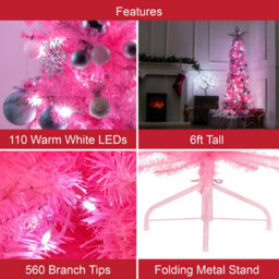 The Christmas Workshop 6Ft Slim Pink Pre-Lit Artificial Christmas Tree - 110 Led Lights - Includes Stand - thumbnail 4