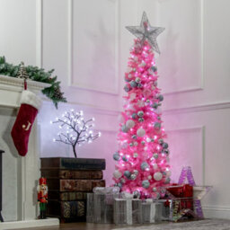 The Christmas Workshop 6Ft Slim Pink Pre-Lit Artificial Christmas Tree - 110 Led Lights - Includes Stand - thumbnail 5