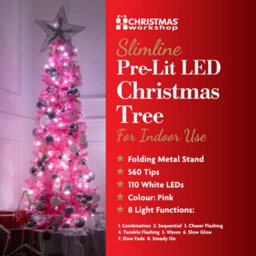 The Christmas Workshop 6Ft Slim Pink Pre-Lit Artificial Christmas Tree - 110 Led Lights - Includes Stand - thumbnail 8