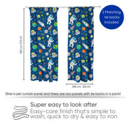 Bloomsbury Mill - Outer Space Curtains For Kids Bedroom, Lined Curtain Pair With Tie Backs 66 X 72 Inch Or 168Cm X 183Cm - thumbnail 2