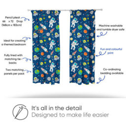 Bloomsbury Mill - Outer Space Curtains For Kids Bedroom, Lined Curtain Pair With Tie Backs 66 X 72 Inch Or 168Cm X 183Cm - thumbnail 4