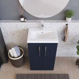 Balterley Contemporary Bathroom Floor Standing 2 Soft-Close Door Vanity Unit & Mid-Edge Ceramic Basin, Midnight Blue, 500 mm - thumbnail 3