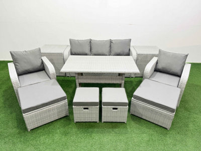 Fimous 9 Seater Outdoor Garden Furniture Set With Dining Table 3 Seater Sofa 2 Big Footstools 2 Side Tables Light Grey - image 1