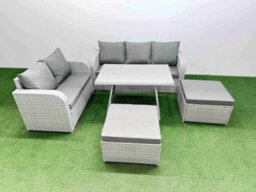 Fimous Outdoor Pe Rattan Garden Furniture Set Rectangular Dining Table Sofa Set With 2 Big Stool Light Grey - thumbnail 1