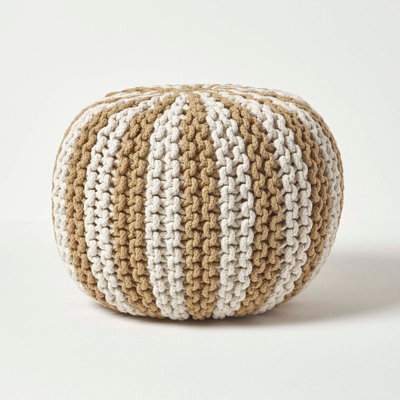 Homescapes Off White And Linen Knitted Pouffe Striped Footstool 35 X 40 Cm - image 1