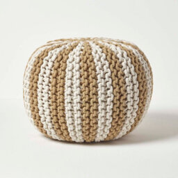 Homescapes Off White And Linen Knitted Pouffe Striped Footstool 35 X 40 Cm