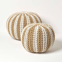 Homescapes Off White And Linen Knitted Pouffe Striped Footstool 35 X 40 Cm - thumbnail 5