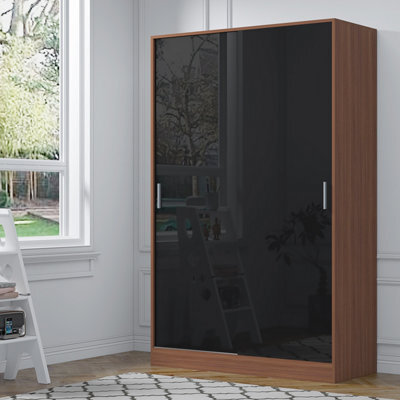 Reflect 2 Door Sliding Wardrobe - Black Gloss & Walnut - Hanging Rails & Shelves - H: 180Cm X W: 120Cm X D: 58Cm - Modern Design - image 1