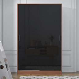 Reflect 2 Door Sliding Wardrobe - Black Gloss & Walnut - Hanging Rails & Shelves - H: 180Cm X W: 120Cm X D: 58Cm - Modern Design - thumbnail 3
