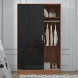 Reflect 2 Door Sliding Wardrobe - Black Gloss & Walnut - Hanging Rails & Shelves - H: 180Cm X W: 120Cm X D: 58Cm - Modern Design - thumbnail 4