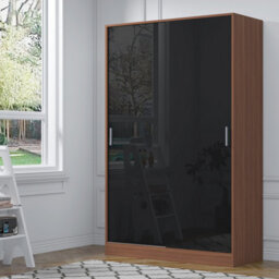 Reflect 2 Door Sliding Wardrobe - Black Gloss & Walnut - Hanging Rails & Shelves - H: 180Cm X W: 120Cm X D: 58Cm - Modern Design