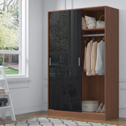 Reflect 2 Door Sliding Wardrobe - Black Gloss & Walnut - Hanging Rails & Shelves - H: 180Cm X W: 120Cm X D: 58Cm - Modern Design - thumbnail 2