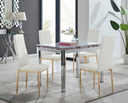 Furniturebox Uk Enna White Glass Extending Dining Table And 4 White Gold Leg Milan Chairs