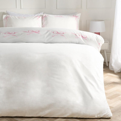 Ohs Bow Border Bedding Set Microfibre Duvet Cover With Pillowcase, Pink/white - King - image 1