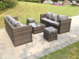 Fimous Dark Grey Rattan Garden Outdoor Sofa Set Square Coffee Table Small Footstools 8 Seater - thumbnail 2