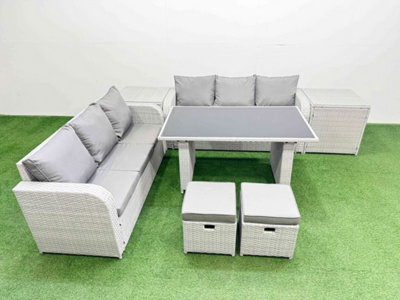 Fimous 8 Seater Rattan Outdoor Dining Table 3 Seater Sofa Set With 2 Side Tables 2 Small Stools Light Grey - image 1