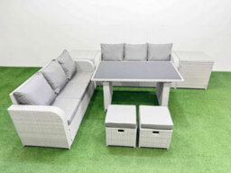 Fimous 8 Seater Rattan Outdoor Dining Table 3 Seater Sofa Set With 2 Side Tables 2 Small Stools Light Grey - thumbnail 2