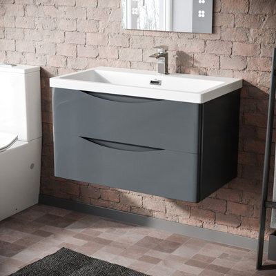 Nes Home Merton 800mm Grey Wall Hung Drawer & Resin White Basin Sink Vanity Unit - image 1