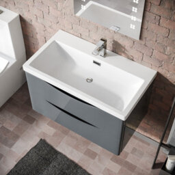 Nes Home Merton 800mm Grey Wall Hung Drawer & Resin White Basin Sink Vanity Unit - thumbnail 3