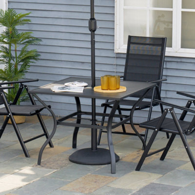 Outsunny Garden Table With Parasol Hole For Four, Slatted Metal Plate Top Black - image 1