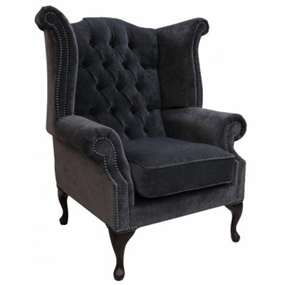 Chesterfield High Back Wing Chair Pimlico Charcoal Fabric In Queen Anne Style - image 1
